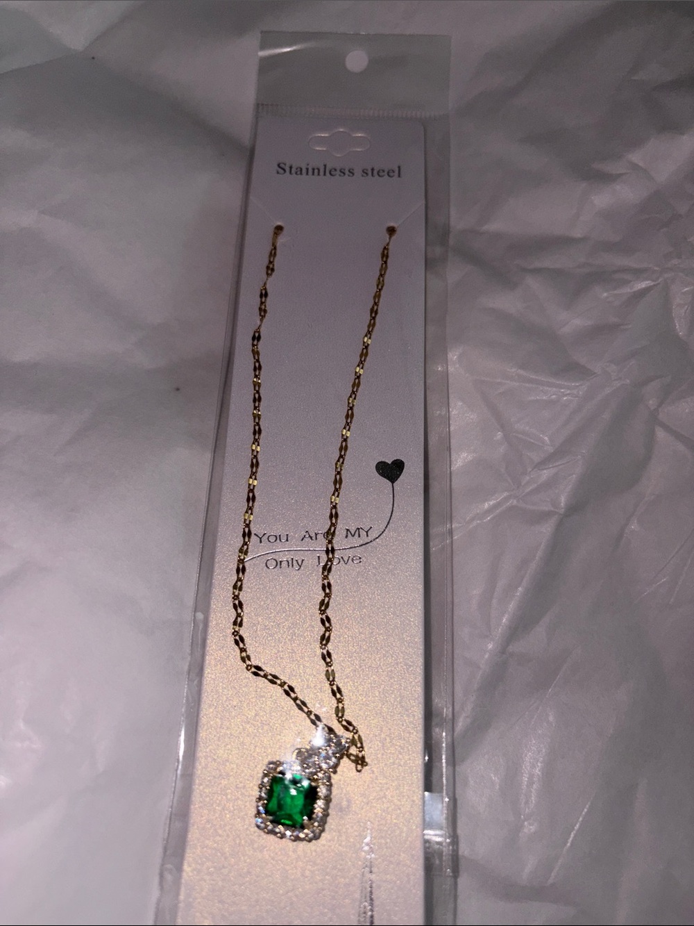 Gold-Plated Stainless Steel Necklace with Emerald Green Pendant
